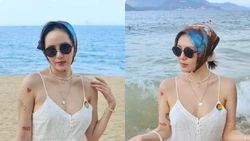 Phương Linh khoe thềm ngực gợi cảm trên bãi biển Nha Trang